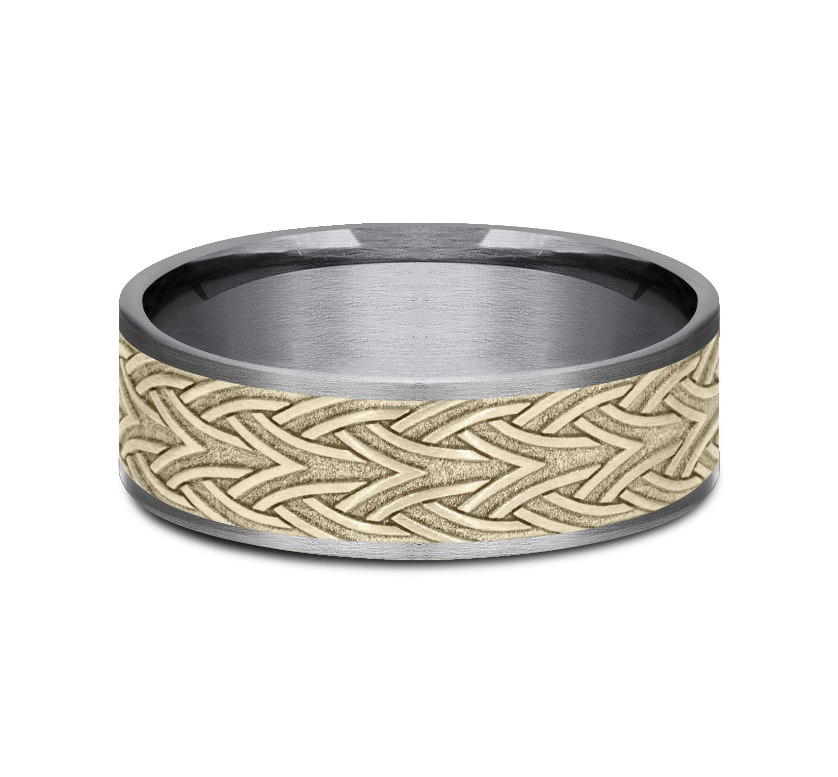 THE WATERFORD 7.5mm, Comfort fit, Grey Tantalum and 14K Yellow Gold, Celtic arrow knot designed center, thin edges