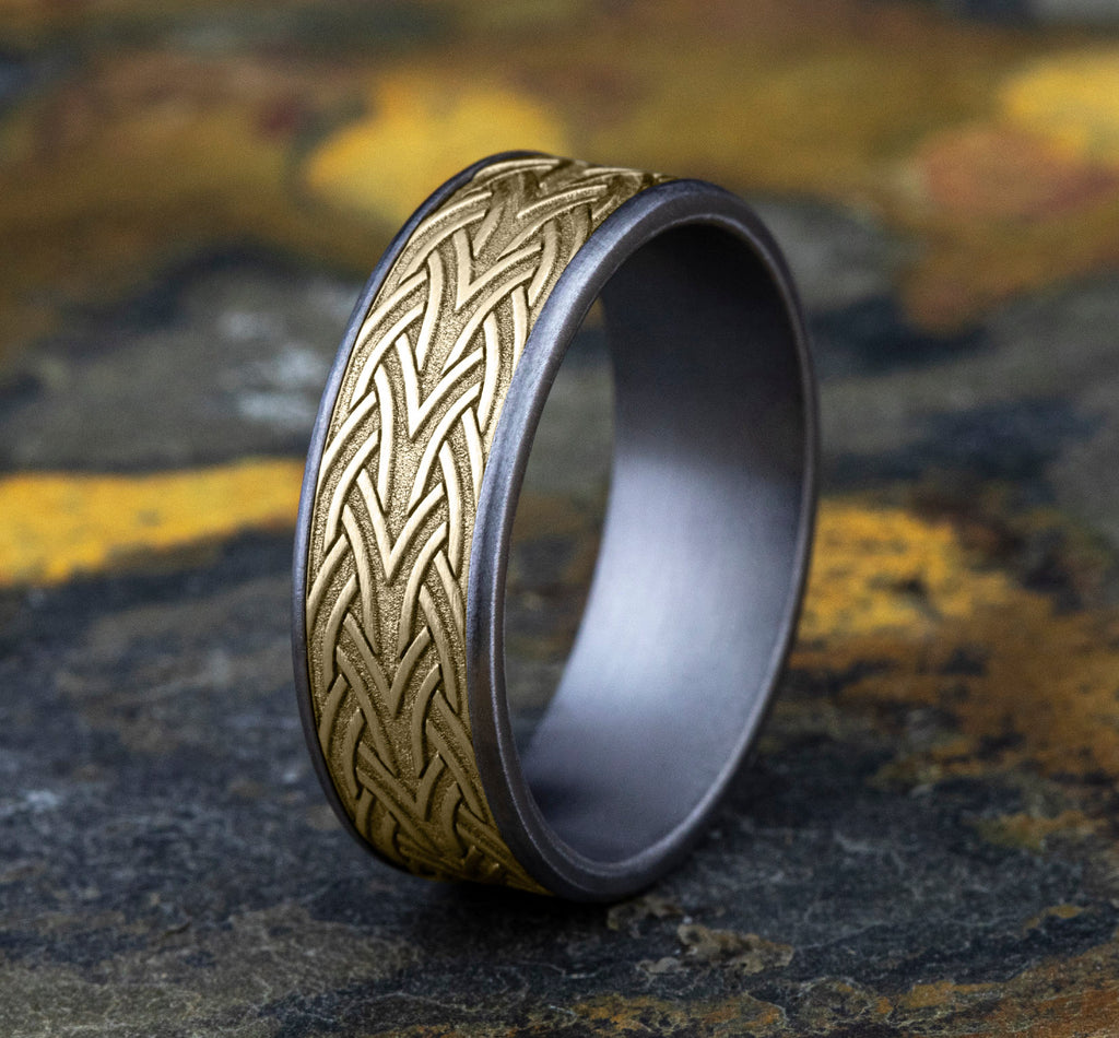 THE WATERFORD 7.5mm, Comfort fit, Grey Tantalum and 14K Yellow Gold, Celtic arrow knot designed center, thin edges