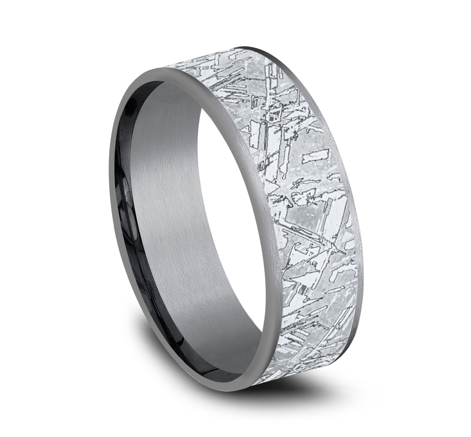 THE GIBEON 7.5mm, Comfort fit, Grey Tantalum and 14K White Gold, Meteorite patterned center, thin edges