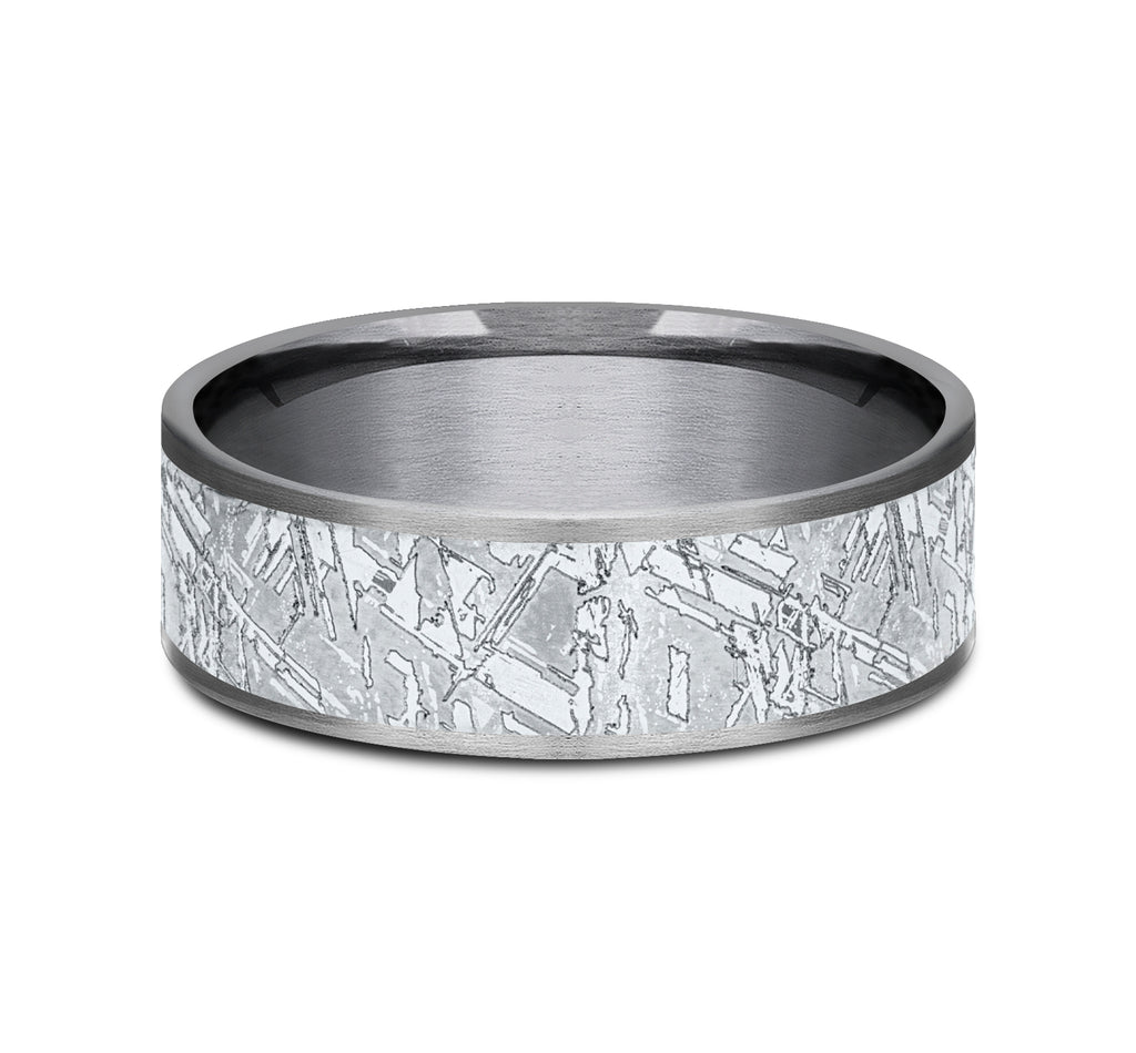 THE GIBEON 7.5mm, Comfort fit, Grey Tantalum and 14K White Gold, Meteorite patterned center, thin edges