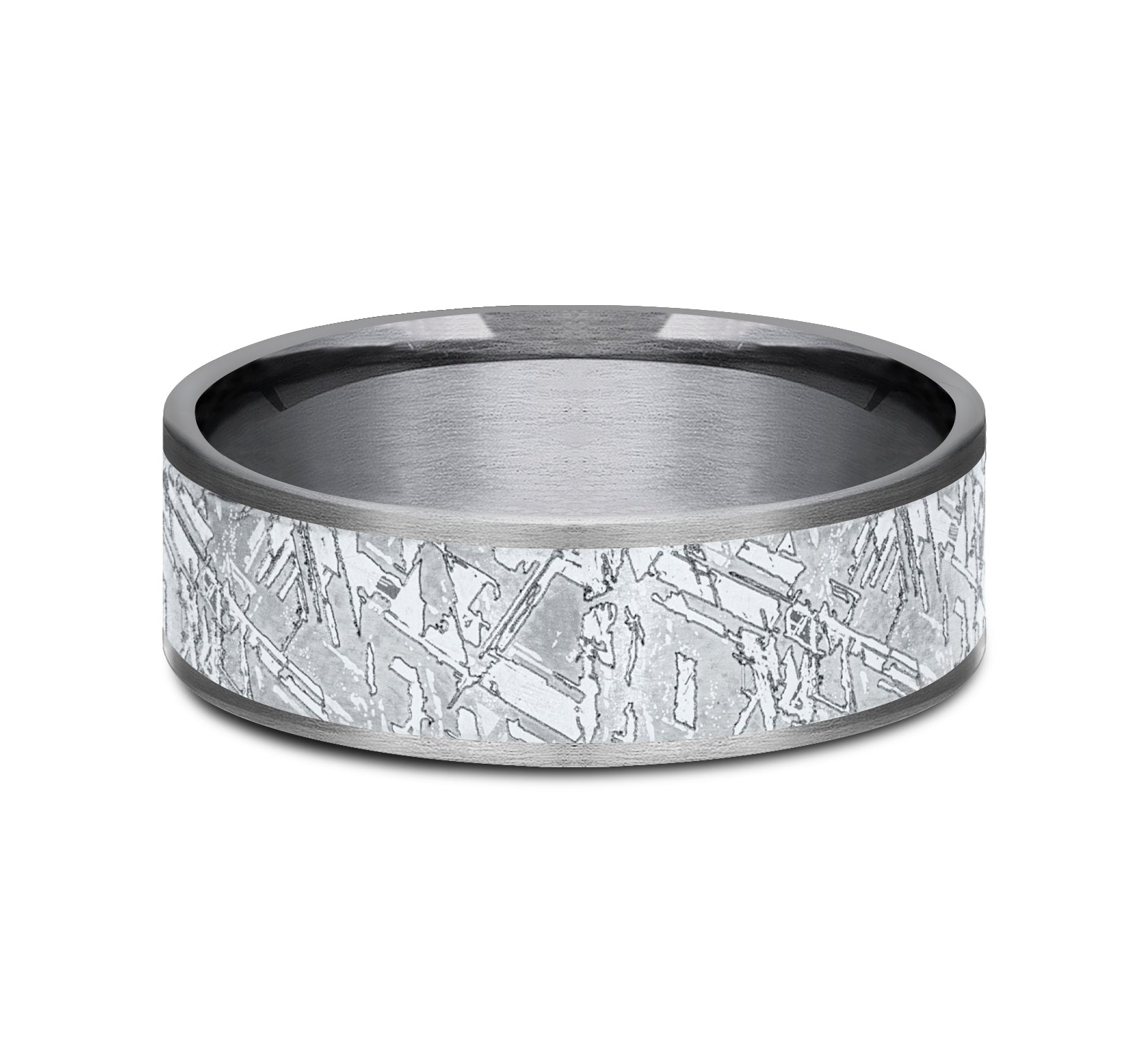 THE GIBEON 7.5mm, Comfort fit, Grey Tantalum and 14K White Gold, Meteorite patterned center, thin edges