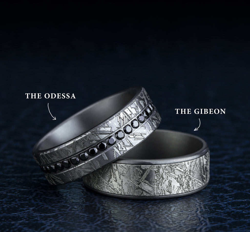 THE GIBEON 7.5mm, Comfort fit, Grey Tantalum and 14K White Gold, Meteorite patterned center, thin edges