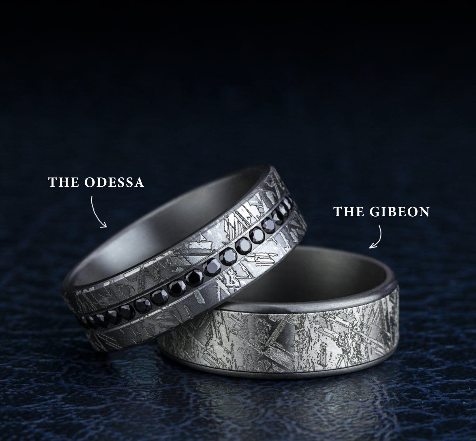 THE GIBEON 7.5mm, Comfort fit, Grey Tantalum and 14K White Gold, Meteorite patterned center, thin edges