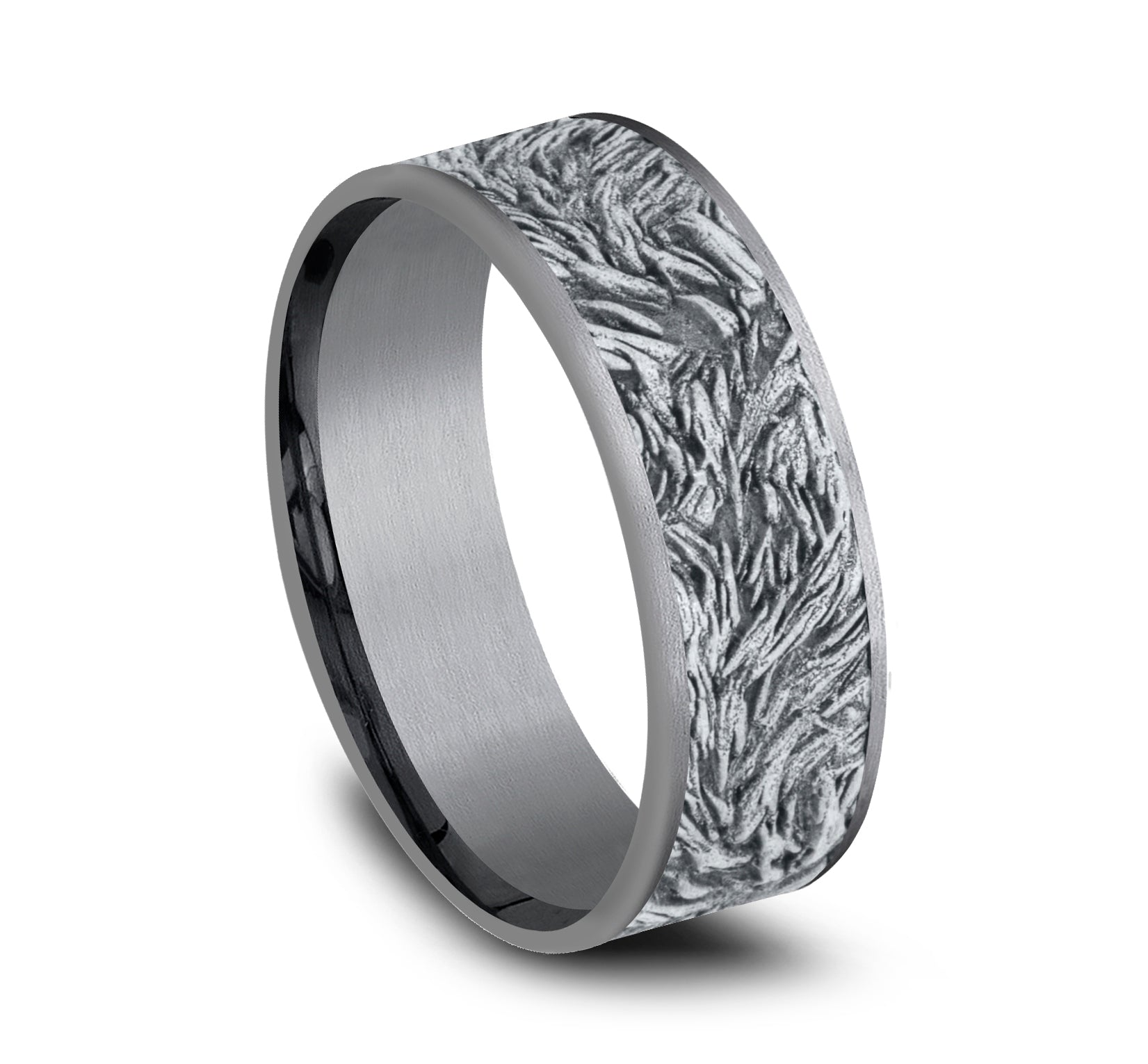 The Tamlin 7.5mm, Comfort fit, Grey Tantalum and 14K White, Lions mane patterned center, thin edges