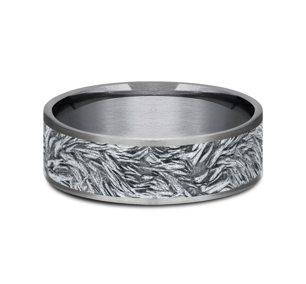 The Tamlin 7.5mm, Comfort fit, Grey Tantalum and 14K White, Lions mane patterned center, thin edges