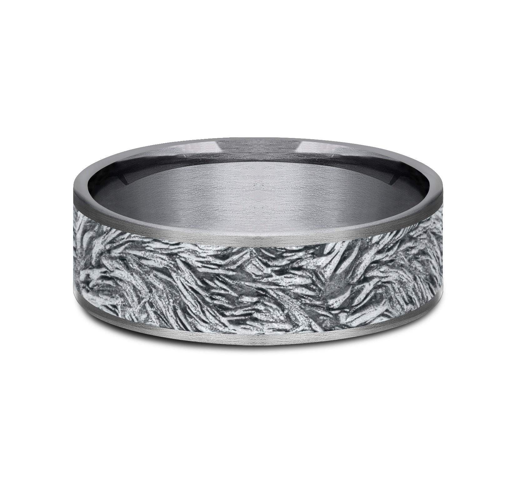 The Tamlin 7.5mm, Comfort fit, Grey Tantalum and 14K White, Lions mane patterned center, thin edges