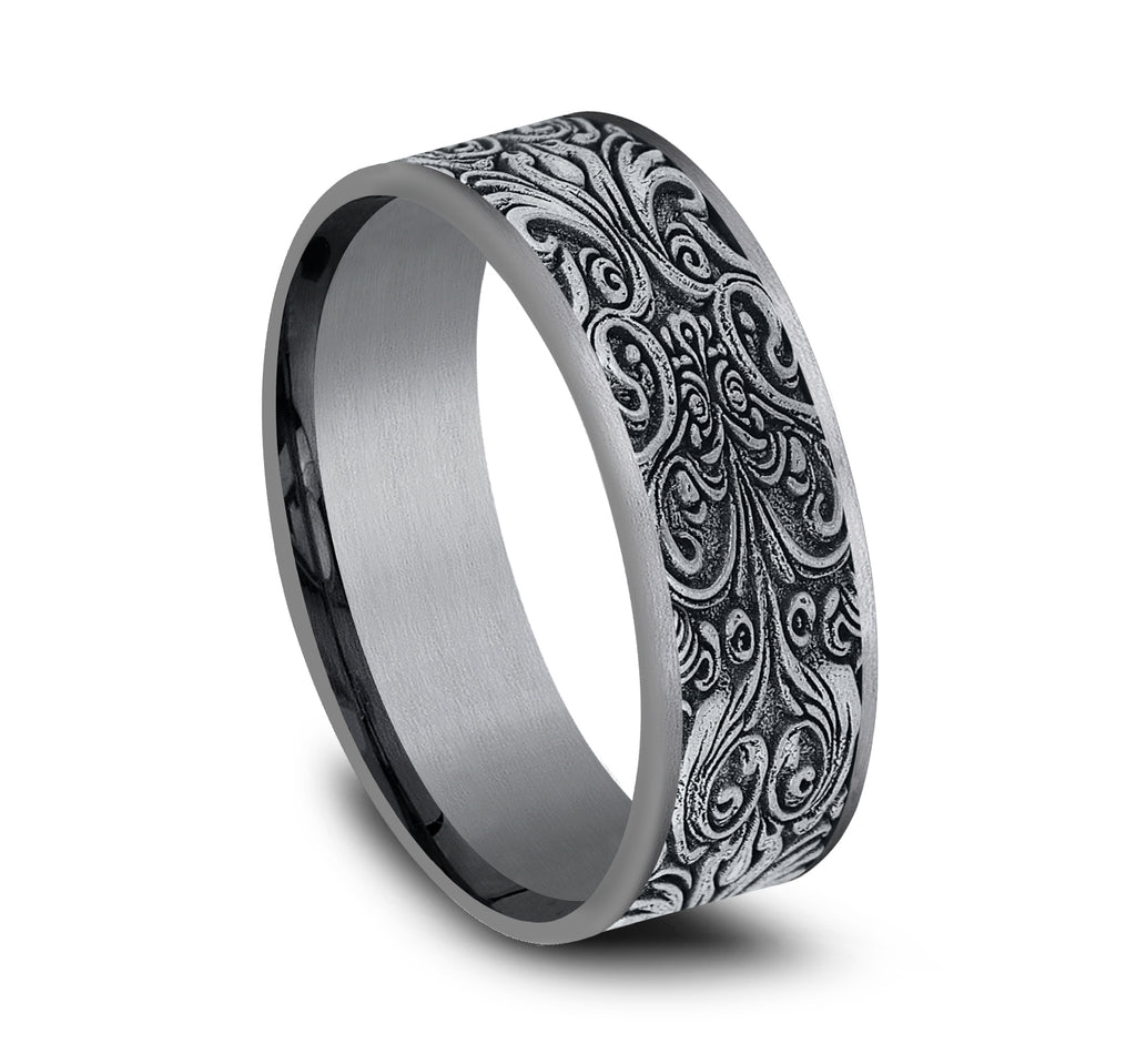 THE CARVER 7.5mm, Comfort fit, Grey Tantalum and 14K White Gold, Baroque frame pattern, thin edges