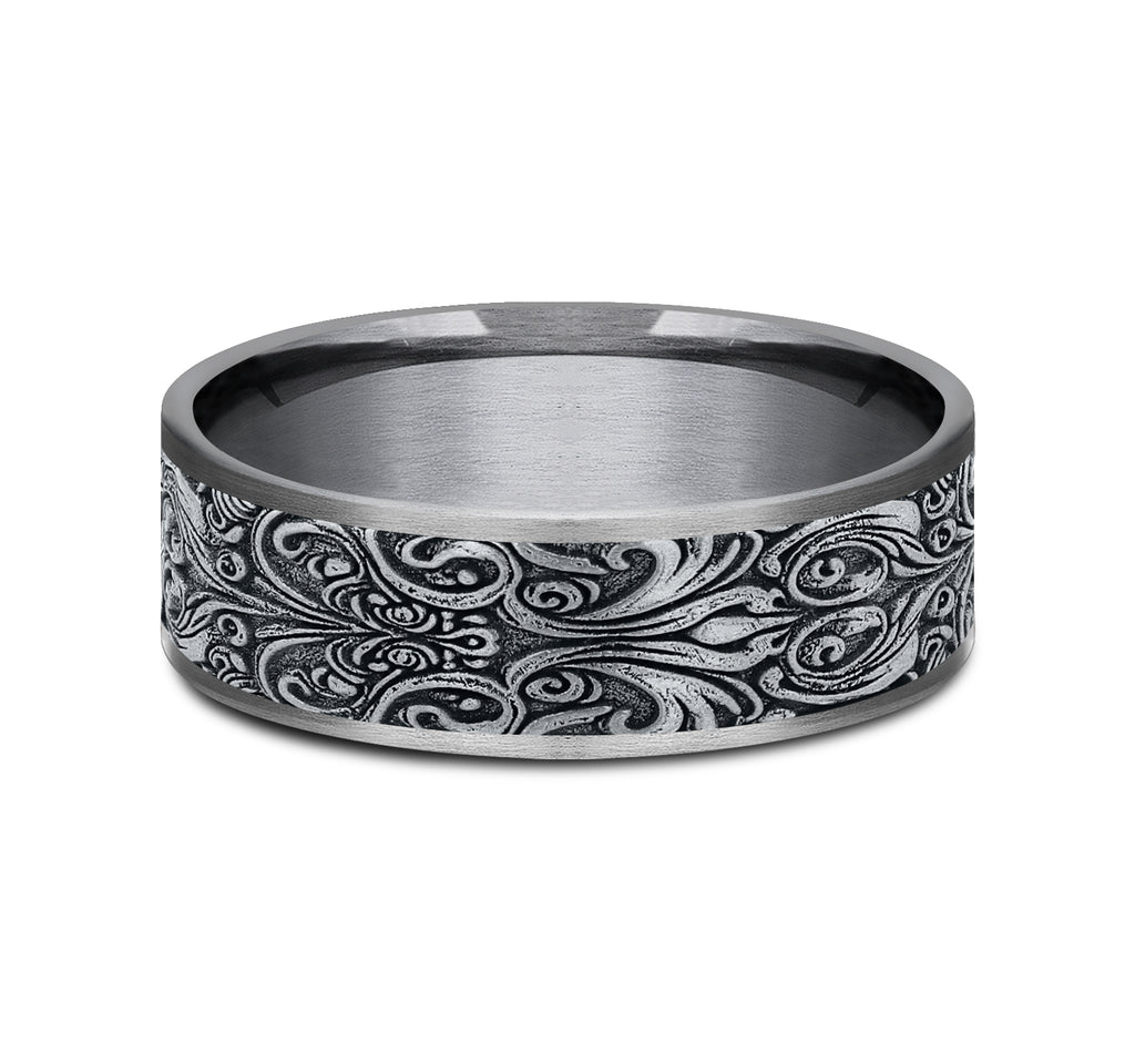 THE CARVER 7.5mm, Comfort fit, Grey Tantalum and 14K White Gold, Baroque frame pattern, thin edges