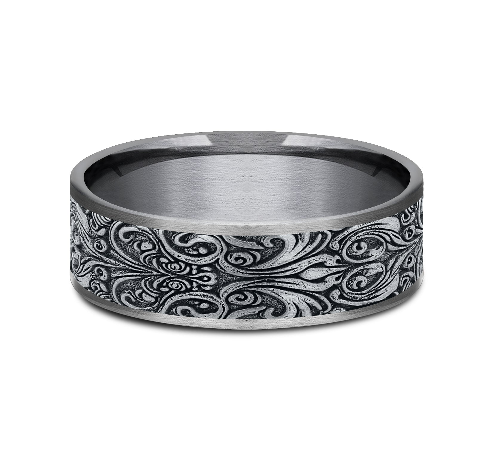 THE CARVER 7.5mm, Comfort fit, Grey Tantalum and 14K White Gold, Baroque frame pattern, thin edges