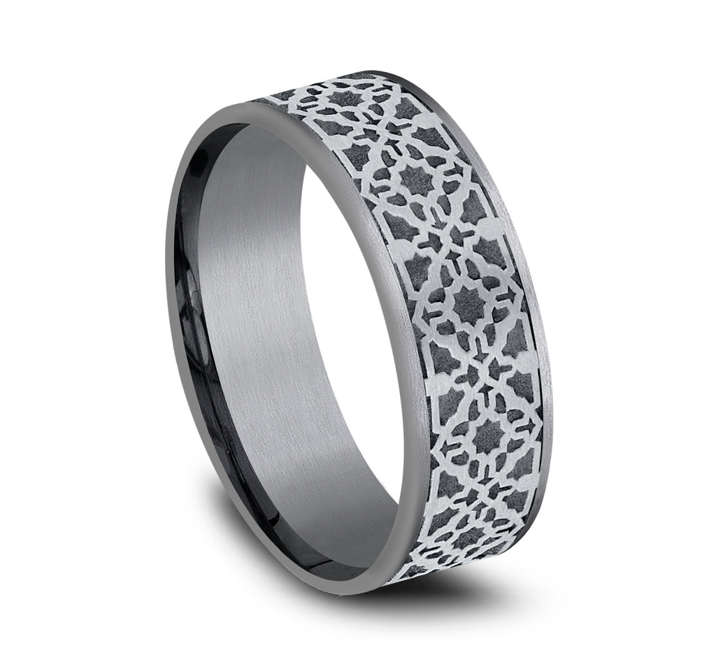 THE AZTEC 7.5mm, Comfort fit, Grey Tantalum and 14K White Gold, Aztec pattern, thin edges