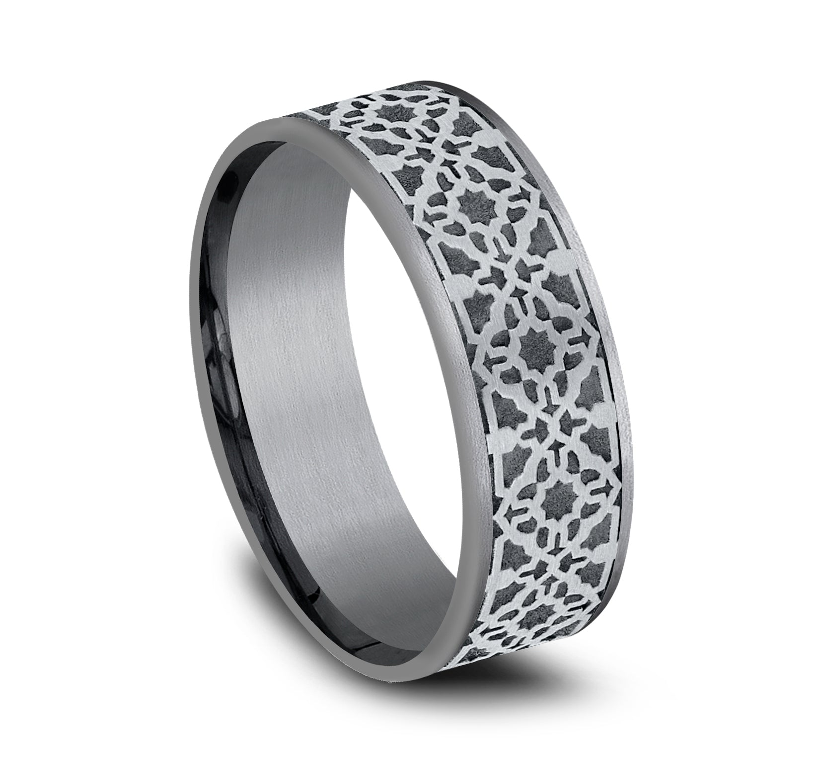 THE AZTEC 7.5mm, Comfort fit, Grey Tantalum and 14K White Gold, Aztec pattern, thin edges