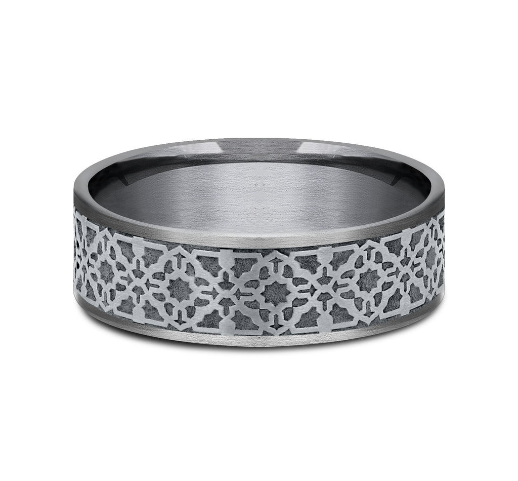THE AZTEC 7.5mm, Comfort fit, Grey Tantalum and 14K White Gold, Aztec pattern, thin edges