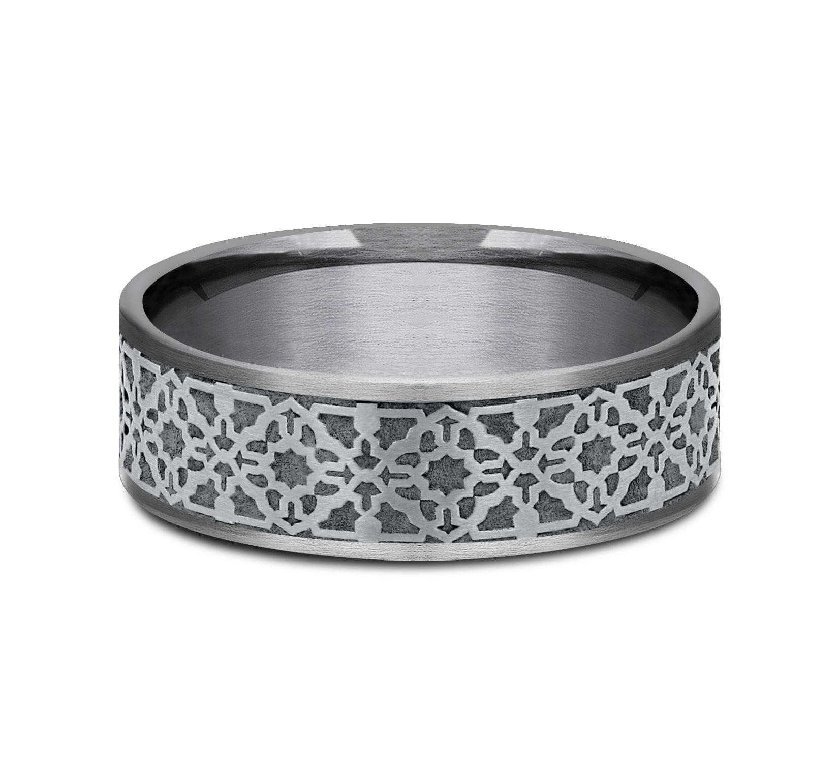 THE AZTEC 7.5mm, Comfort fit, Grey Tantalum and 14K White Gold, Aztec pattern, thin edges