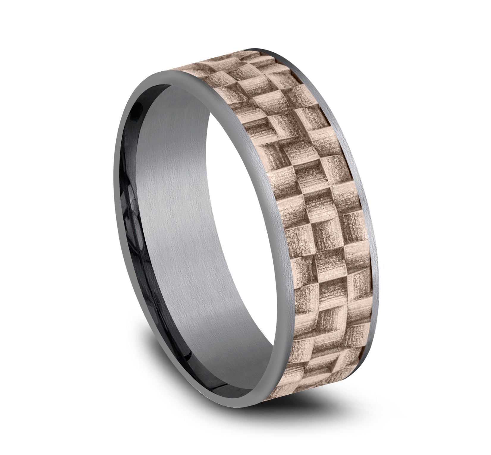 THE WEAVER 7.5mm, Comfort fit, Grey Tantalum and 14K Rose Gold, Wicker weave patterned center, thin edges