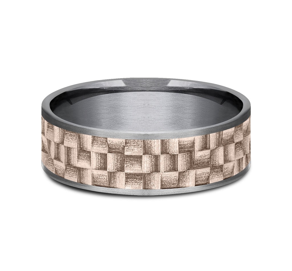 THE WEAVER 7.5mm, Comfort fit, Grey Tantalum and 14K Rose Gold, Wicker weave patterned center, thin edges