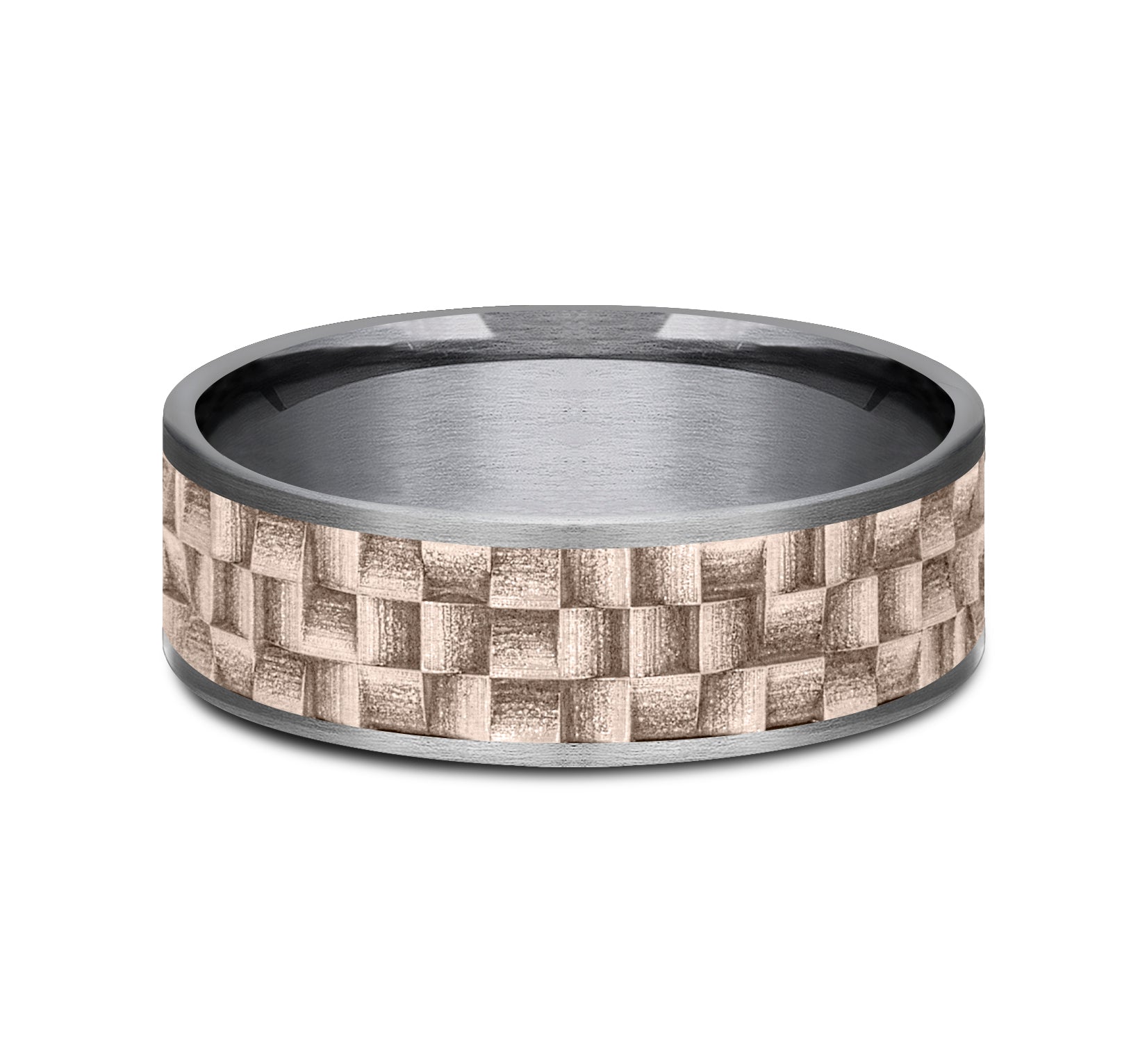THE WEAVER 7.5mm, Comfort fit, Grey Tantalum and 14K Rose Gold, Wicker weave patterned center, thin edges