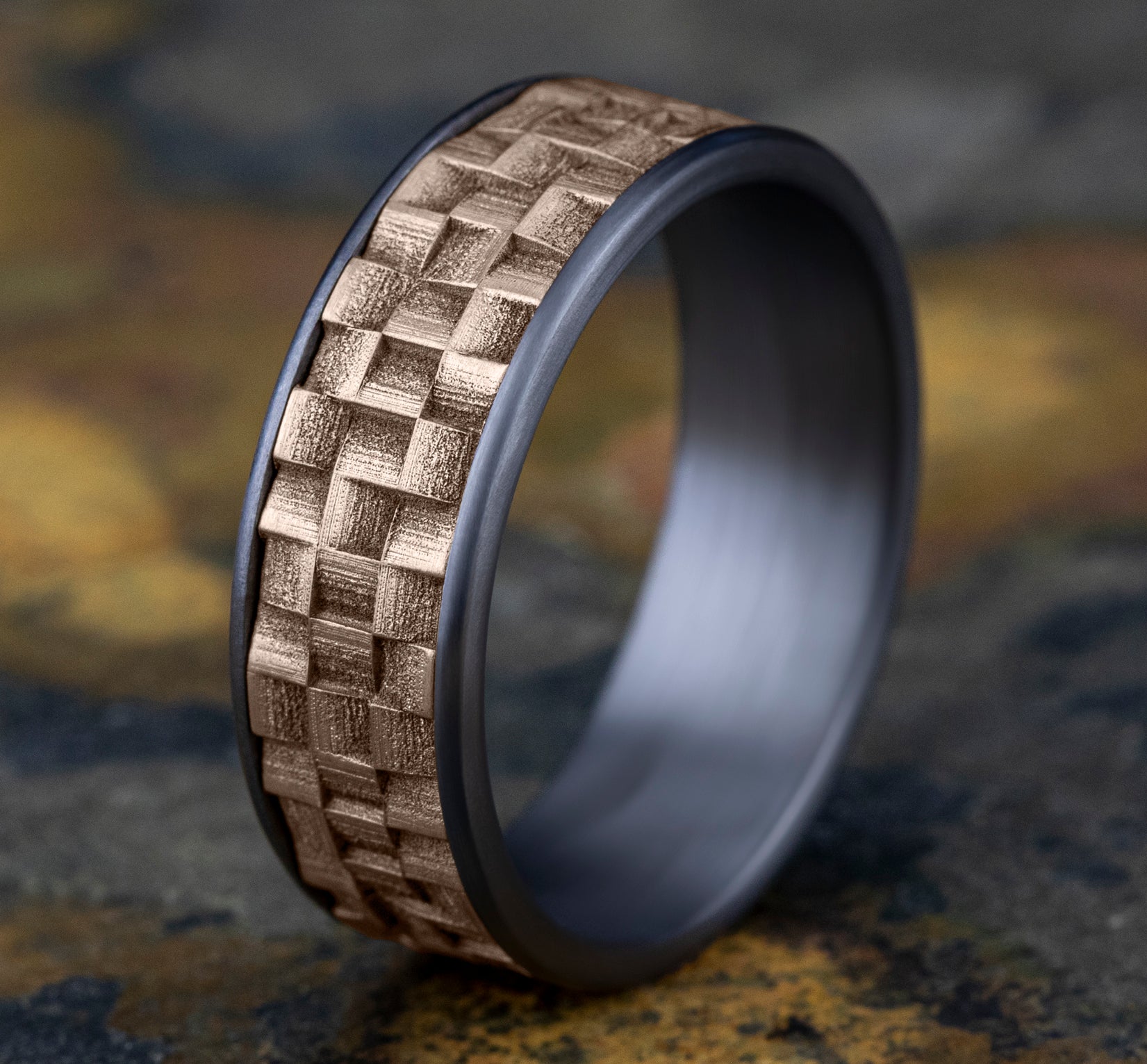 THE WEAVER 7.5mm, Comfort fit, Grey Tantalum and 14K Rose Gold, Wicker weave patterned center, thin edges