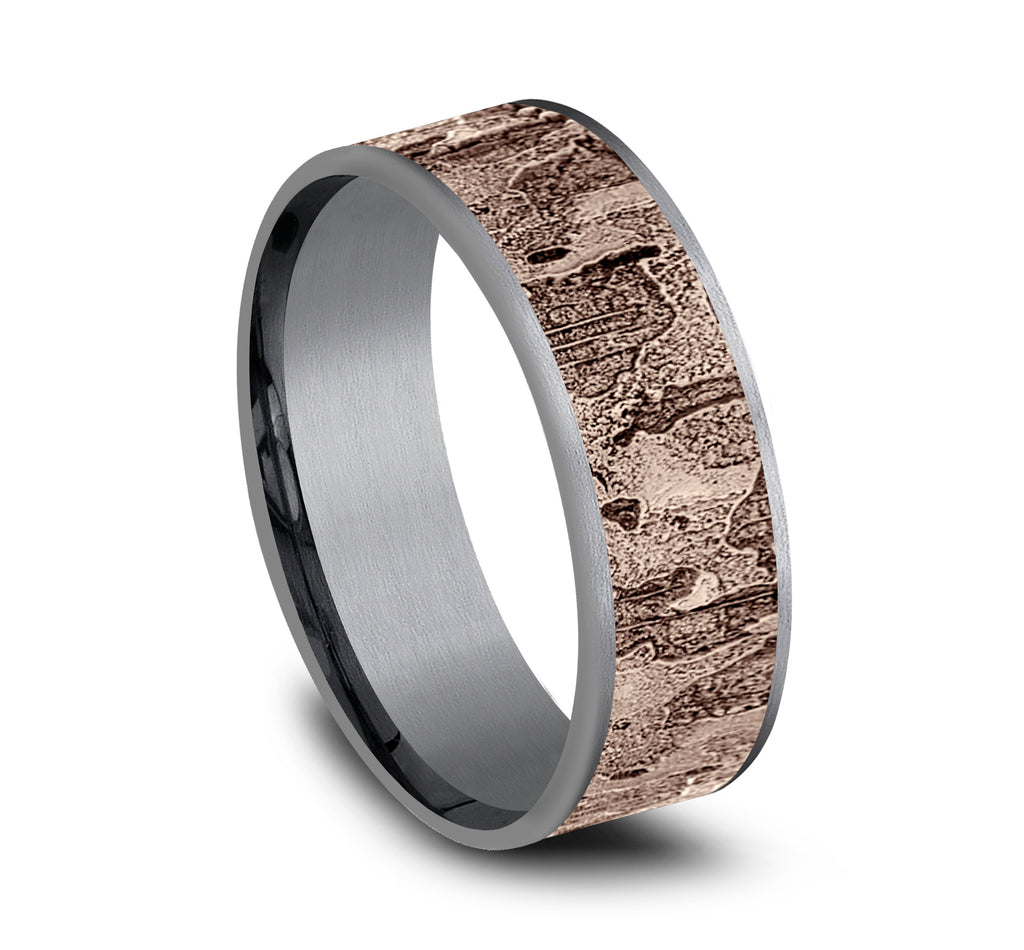THE DEMO 7.5mm, Comfort fit, Grey Tantalum and 14K Rose Gold, Wall fracture designed center, thin edges