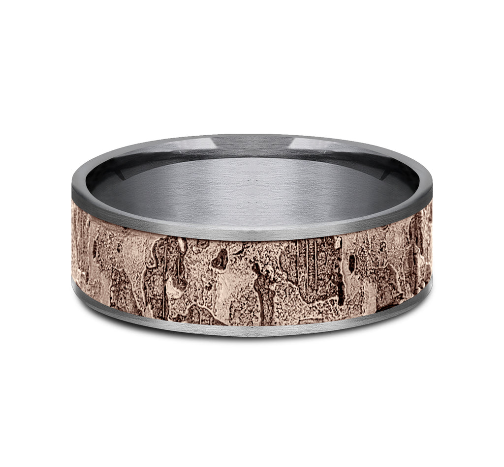 THE DEMO 7.5mm, Comfort fit, Grey Tantalum and 14K Rose Gold, Wall fracture designed center, thin edges