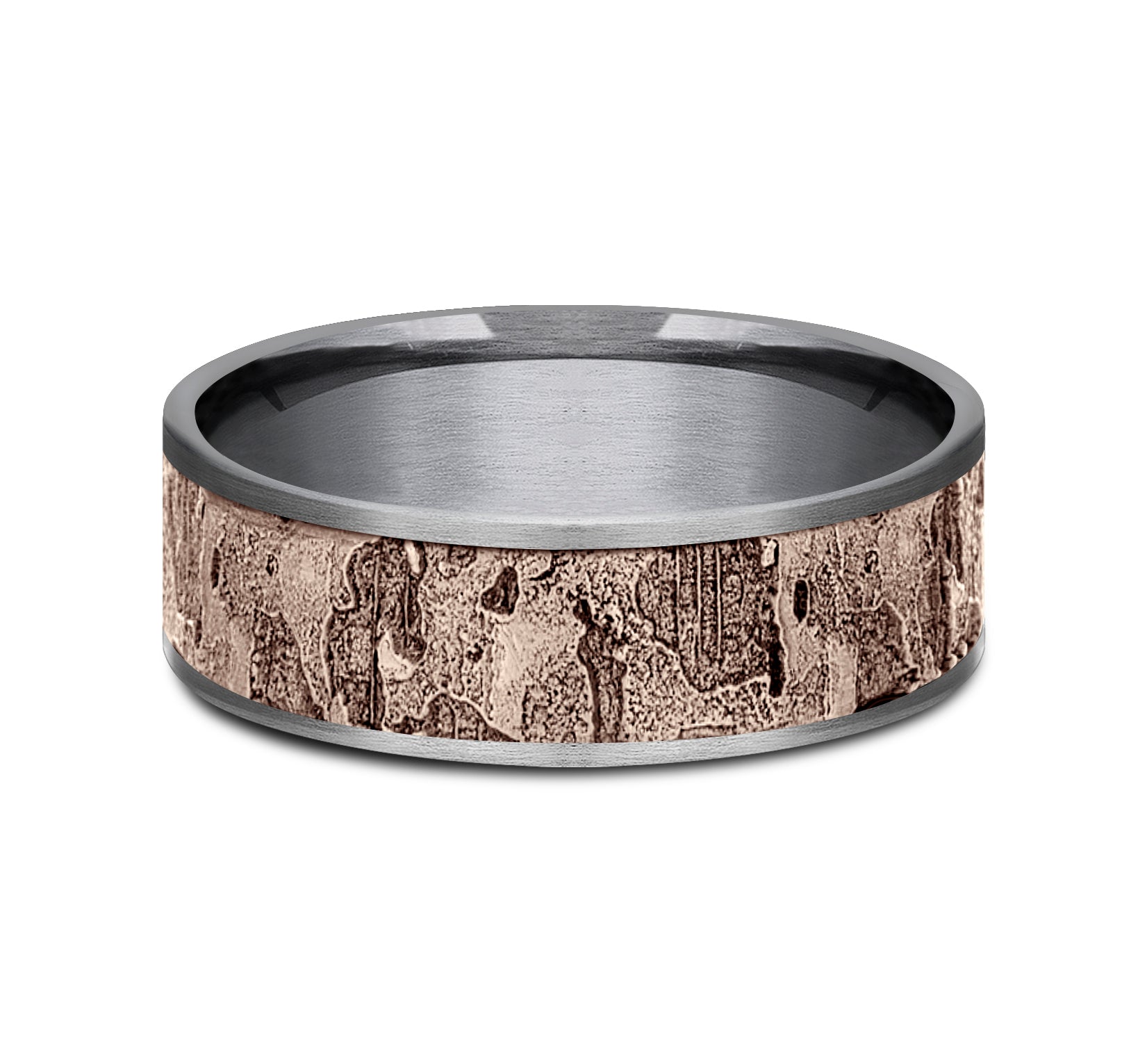 THE DEMO 7.5mm, Comfort fit, Grey Tantalum and 14K Rose Gold, Wall fracture designed center, thin edges