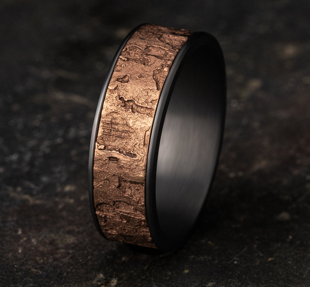 THE DEMO 7.5mm, Comfort fit, Grey Tantalum and 14K Rose Gold, Wall fracture designed center, thin edges