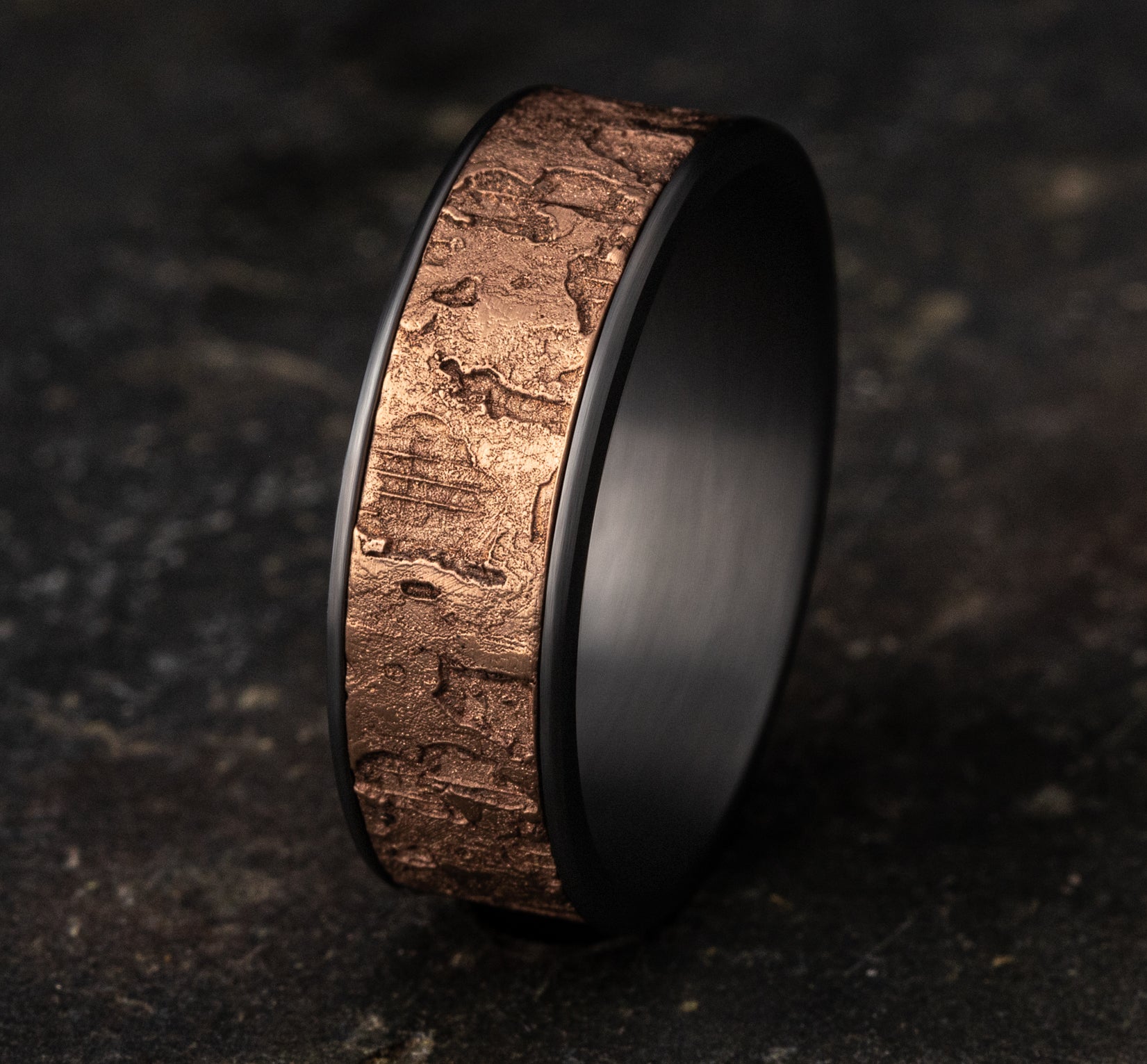 THE DEMO 7.5mm, Comfort fit, Grey Tantalum and 14K Rose Gold, Wall fracture designed center, thin edges