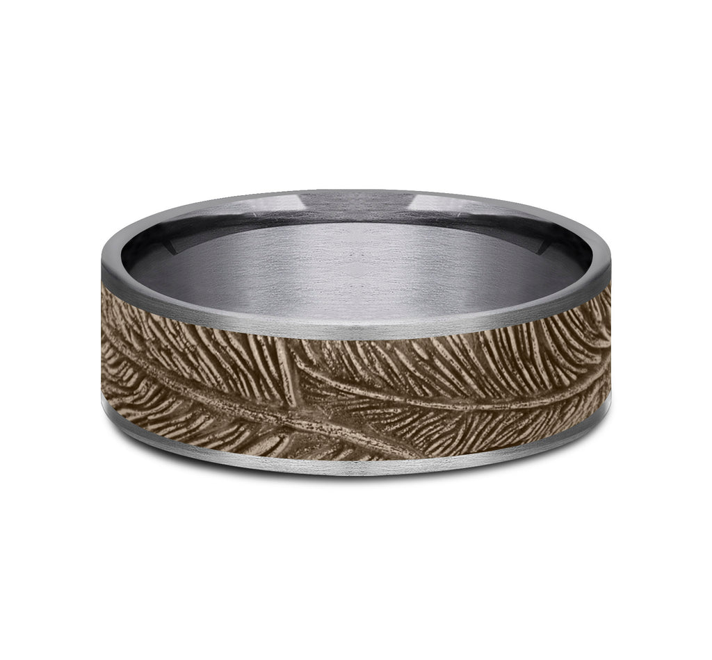 THE FALCON 7.5mm, Comfort fit, Grey Tantalum and 14K Rose Gold, Feather pattern, thin edges
