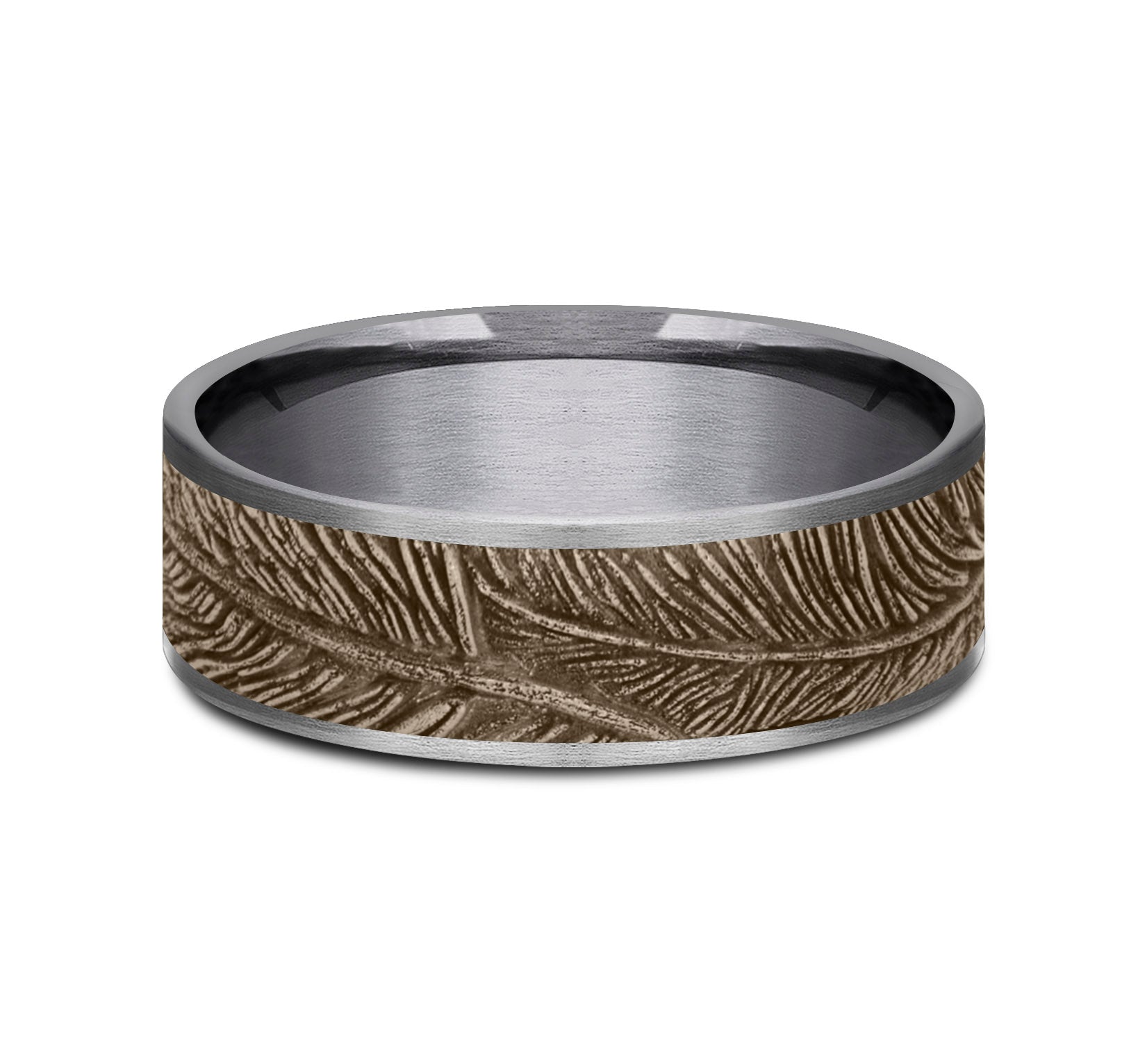 THE FALCON 7.5mm, Comfort fit, Grey Tantalum and 14K Rose Gold, Feather pattern, thin edges