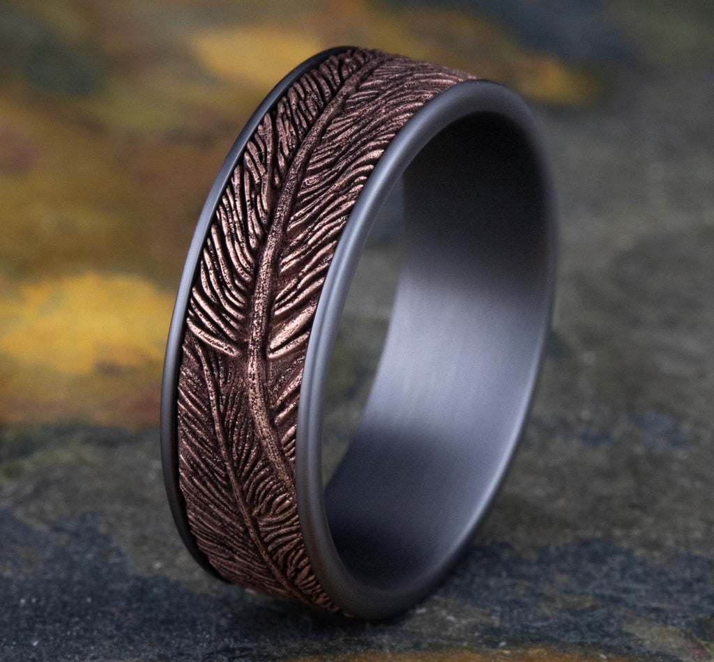 THE FALCON 7.5mm, Comfort fit, Grey Tantalum and 14K Rose Gold, Feather pattern, thin edges