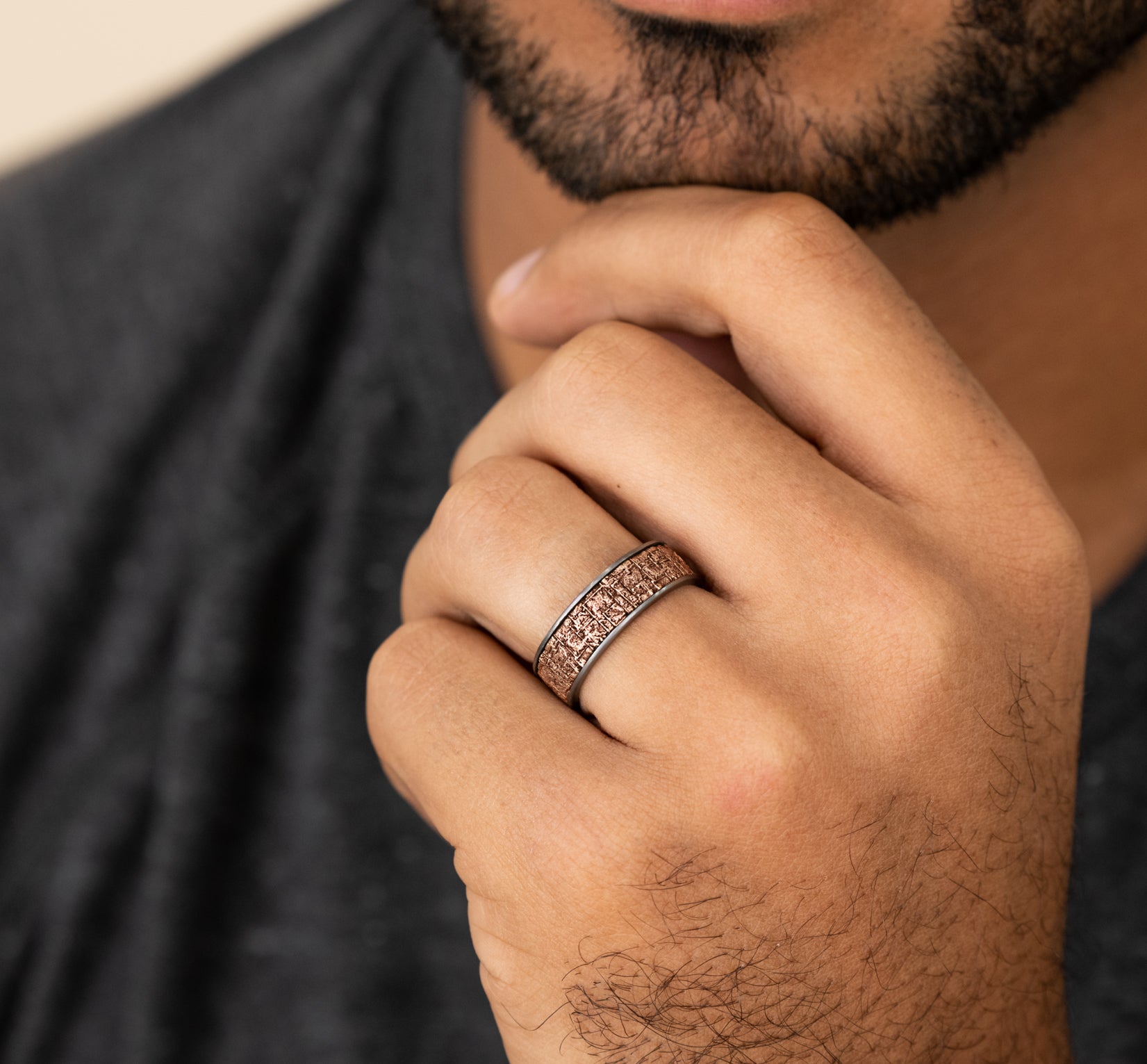 THE GROVE 7.5mm, Comfort fit, Grey Tantalum and 14K Rose Gold, Bamboo pattern, thin edges