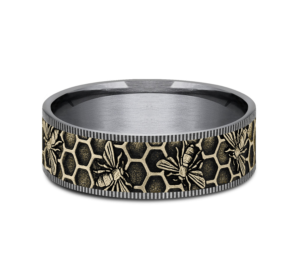 THE APIS 7.5mm, Comfort fit, Grey Tantalum and 14K Yellow Gold, Honeycomb and bee design, thin edges