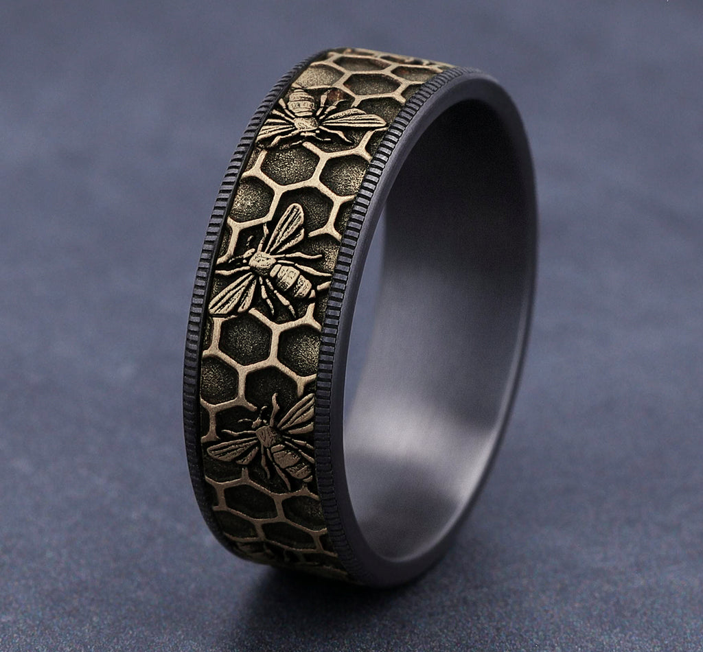 THE APIS 7.5mm, Comfort fit, Grey Tantalum and 14K Yellow Gold, Honeycomb and bee design, thin edges