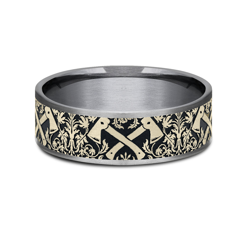 THE HOTSHOT 7.5mm, Comfort fit, Grey Tantalum and 14K Yellow Gold, Hatchet patterned center, thin edges