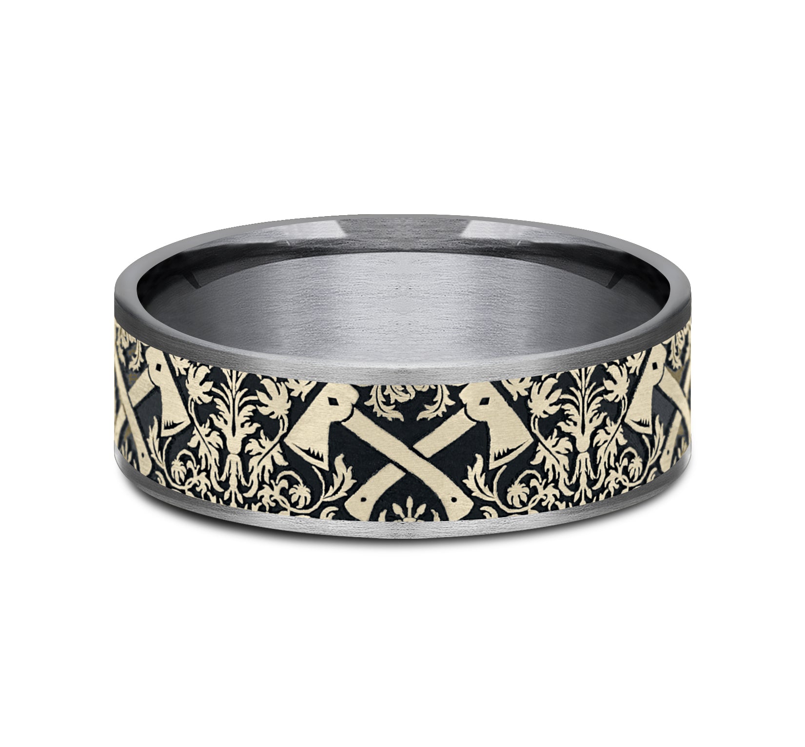 THE HOTSHOT 7.5mm, Comfort fit, Grey Tantalum and 14K Yellow Gold, Hatchet patterned center, thin edges