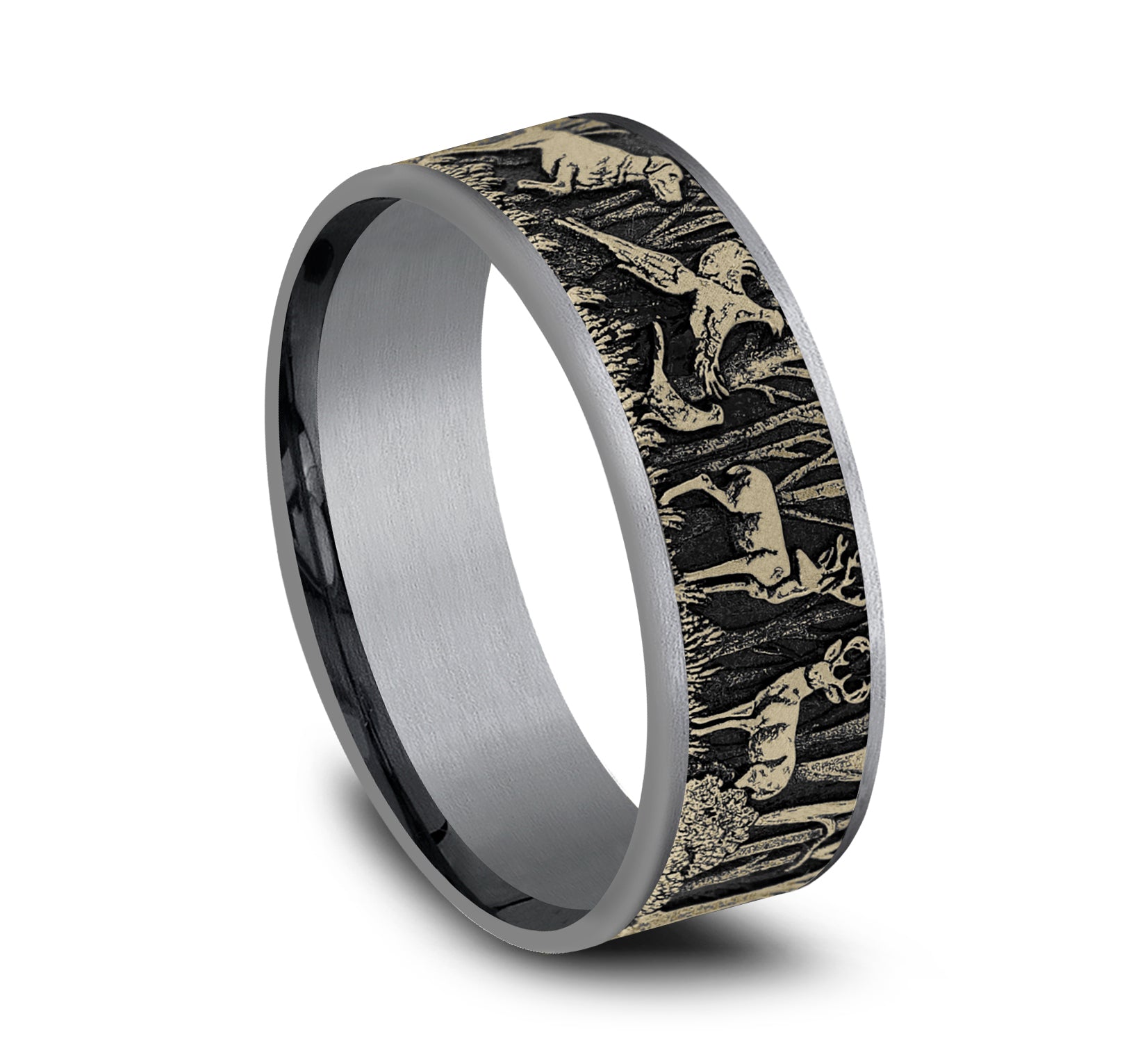 THE HUNTSMAN 7.5mm, Comfort fit, Grey Tantalum and 14K Yellow Gold, Forest scene design, thin edges