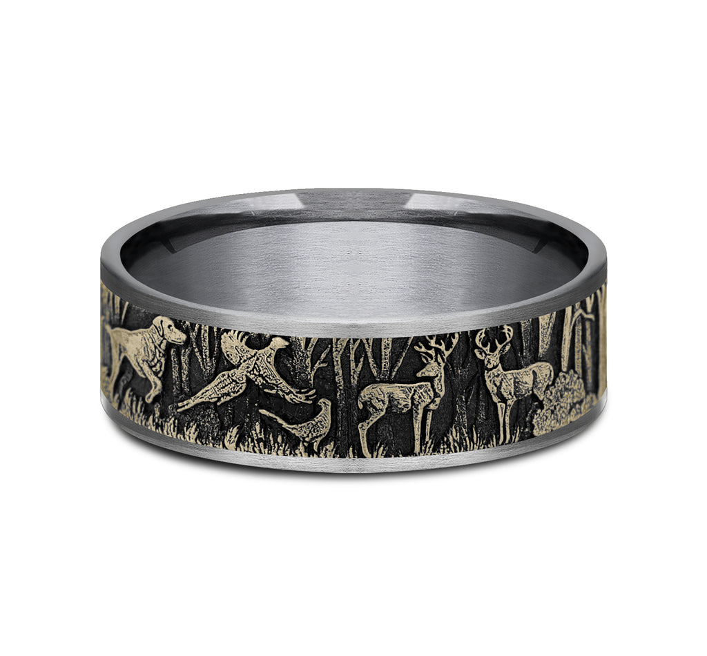 THE HUNTSMAN 7.5mm, Comfort fit, Grey Tantalum and 14K Yellow Gold, Forest scene design, thin edges