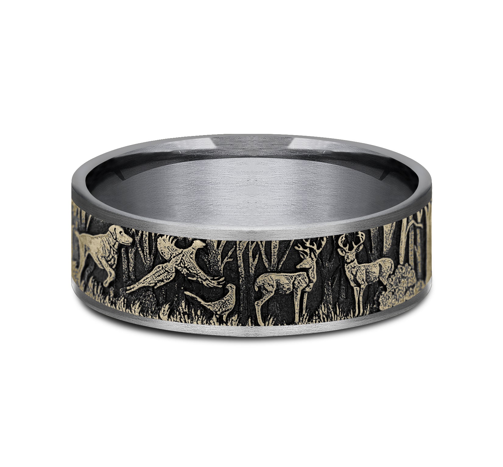 THE HUNTSMAN 7.5mm, Comfort fit, Grey Tantalum and 14K Yellow Gold, Forest scene design, thin edges