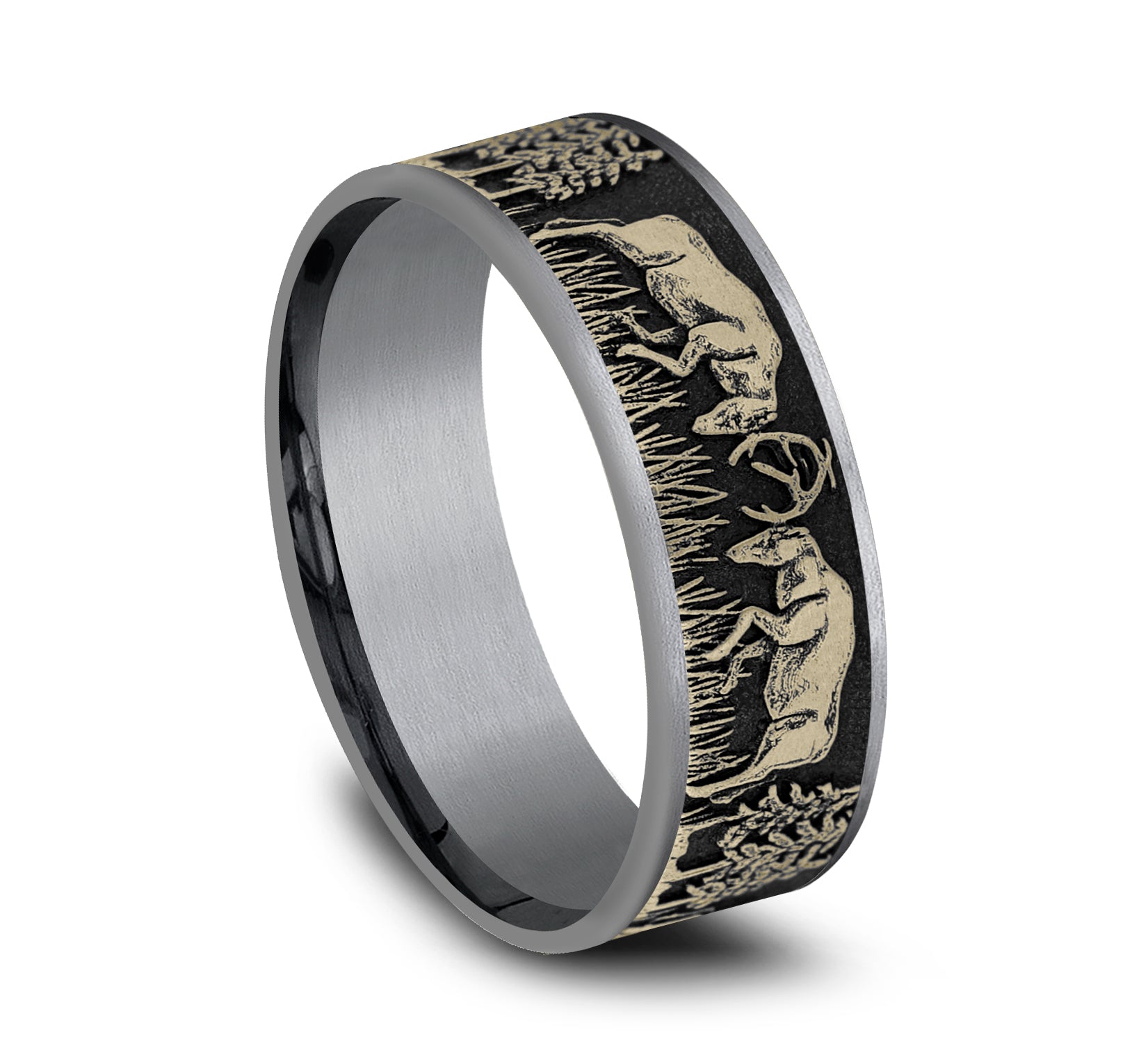 THE RUT 7.5mm, Comfort fit, Grey Tantalum and 14K Yellow Gold, Deer fight design, thin edges