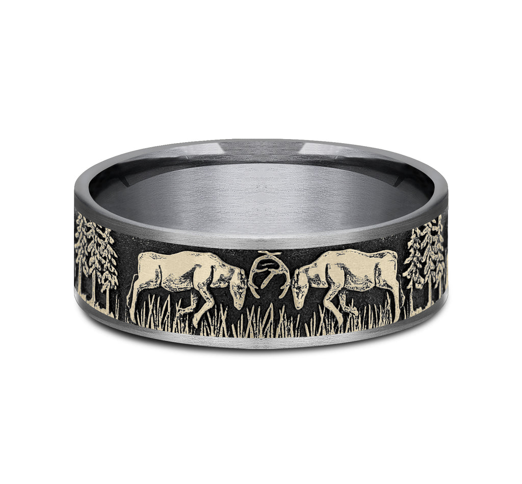 THE RUT 7.5mm, Comfort fit, Grey Tantalum and 14K Yellow Gold, Deer fight design, thin edges
