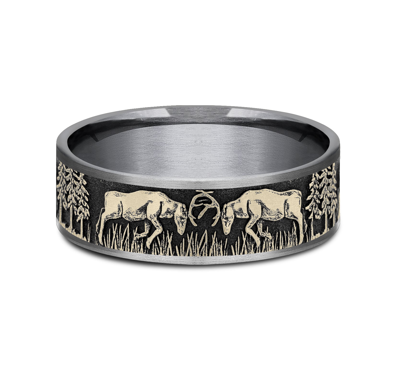 THE RUT 7.5mm, Comfort fit, Grey Tantalum and 14K Yellow Gold, Deer fight design, thin edges