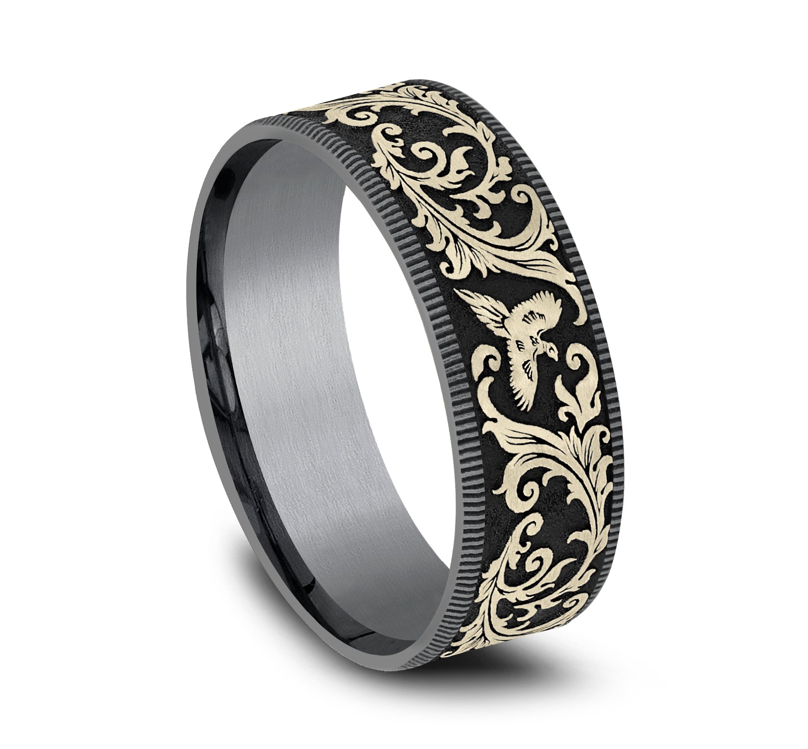 THE PHEASANT 7.5mm, Comfort fit, Grey Tantalum and 14K Yellow Gold, Pheasant scroll design, thin edges