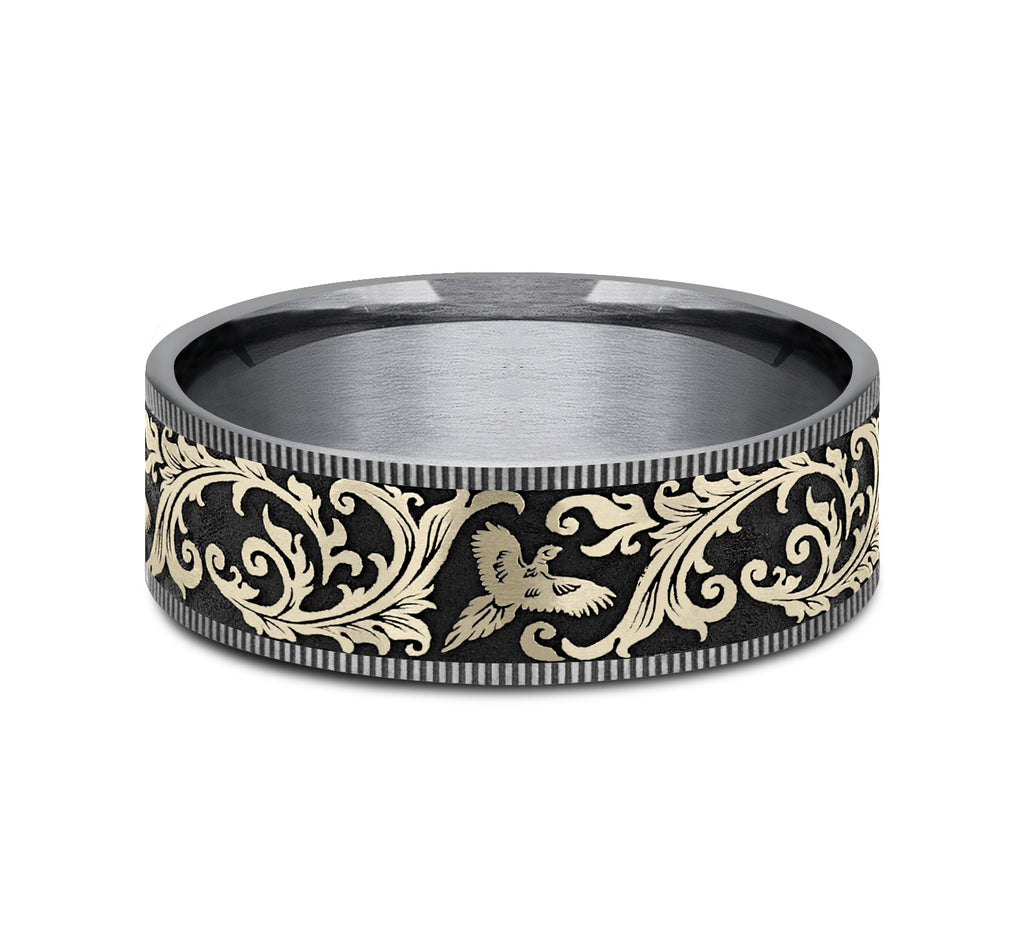 THE PHEASANT 7.5mm, Comfort fit, Grey Tantalum and 14K Yellow Gold, Pheasant scroll design, thin edges