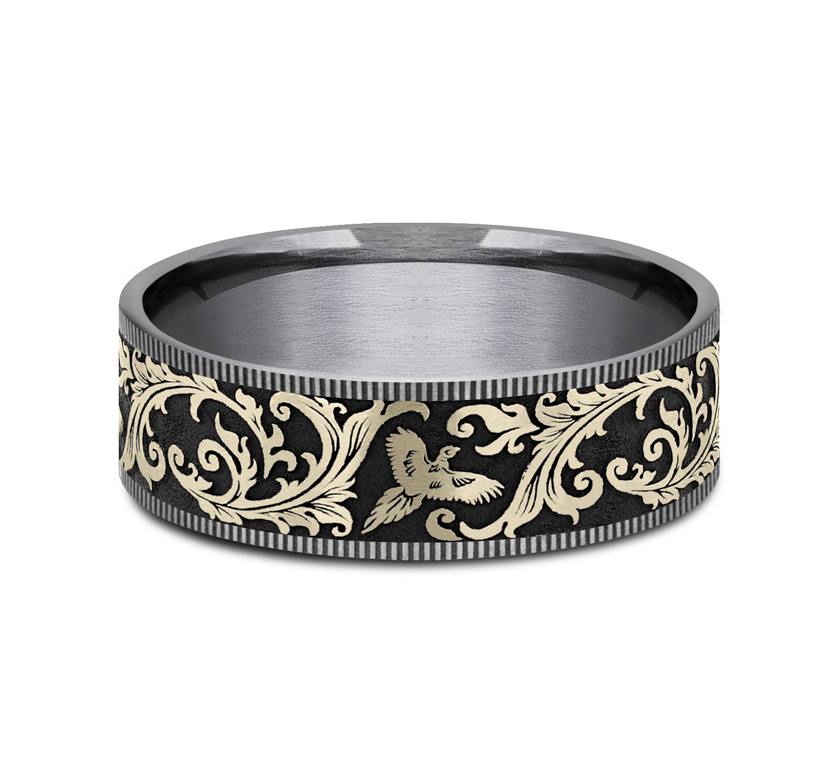 THE PHEASANT 7.5mm, Comfort fit, Grey Tantalum and 14K Yellow Gold, Pheasant scroll design, thin edges