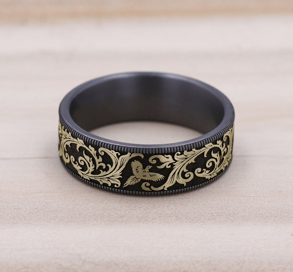 THE PHEASANT 7.5mm, Comfort fit, Grey Tantalum and 14K Yellow Gold, Pheasant scroll design, thin edges