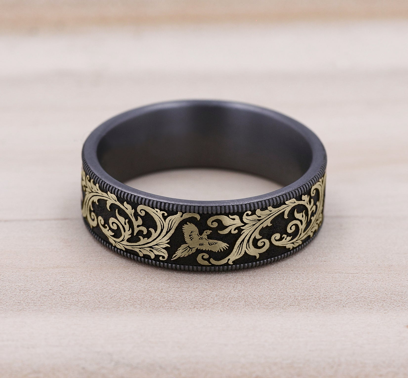 THE PHEASANT 7.5mm, Comfort fit, Grey Tantalum and 14K Yellow Gold, Pheasant scroll design, thin edges