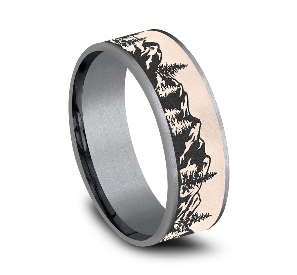 THE PEAK 7.5mm, Comfort fit, Grey Tantalum and 14K Rose Gold, Mountain range pattern, thin edges