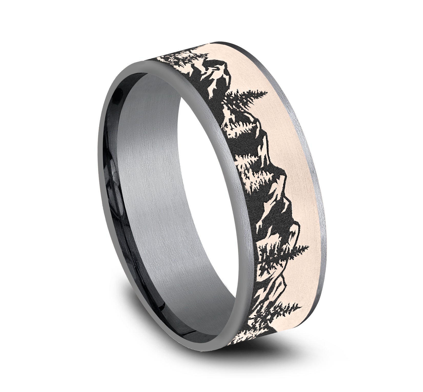 THE PEAK 7.5mm, Comfort fit, Grey Tantalum and 14K Rose Gold, Mountain range pattern, thin edges