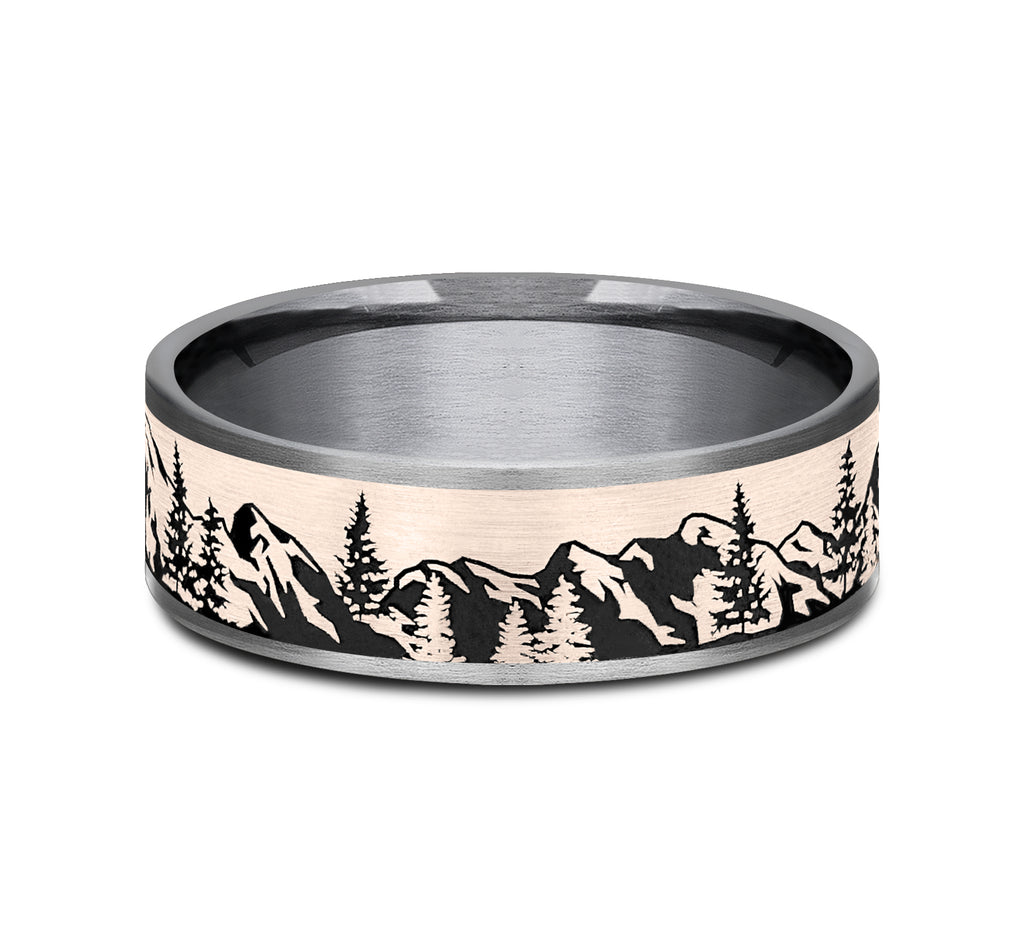 THE PEAK 7.5mm, Comfort fit, Grey Tantalum and 14K Rose Gold, Mountain range pattern, thin edges