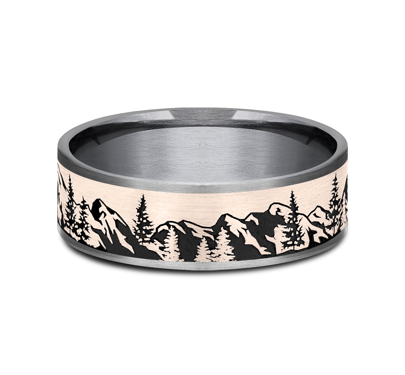 THE PEAK 7.5mm, Comfort fit, Grey Tantalum and 14K Rose Gold, Mountain range pattern, thin edges