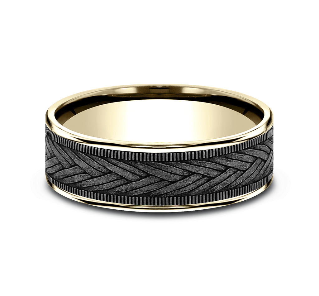 THE WHEAT 7.5mm, Comfort fit, 14K Yellow Gold and Grey Tantalum, Wheat weave pattern, thin edges